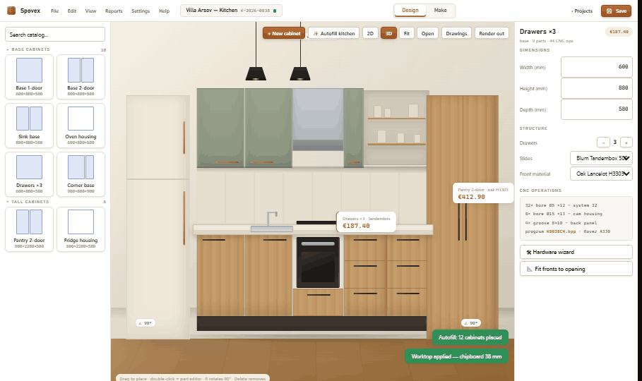 Spovex kitchen design workspace showing green wall cabinets, oak base cabinets, the cabinet catalog, dimensions and CNC operations