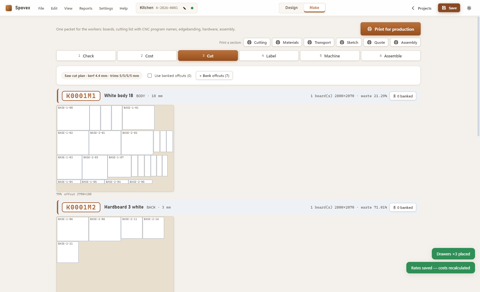 Spovex Make mode showing an optimized panel cutting plan