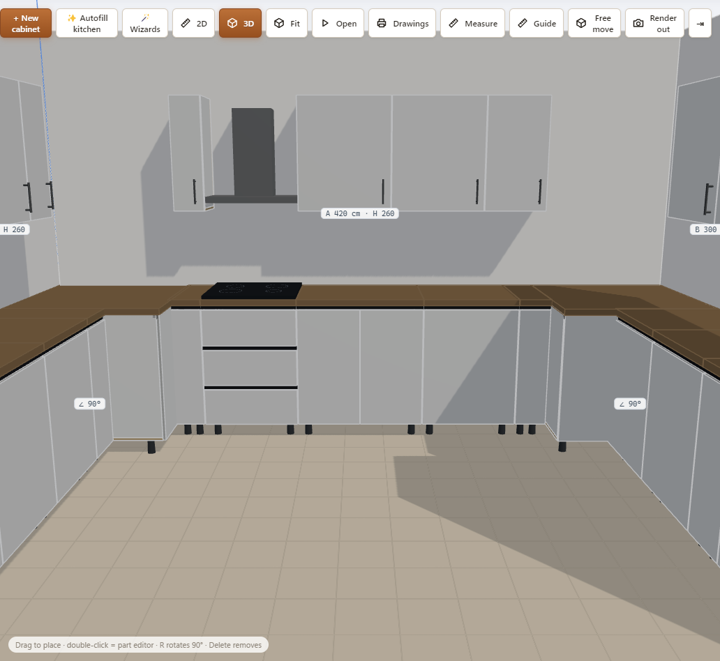 Spovex 3D kitchen designer — oak and sage kitchen with catalog, viewport and cabinet inspector