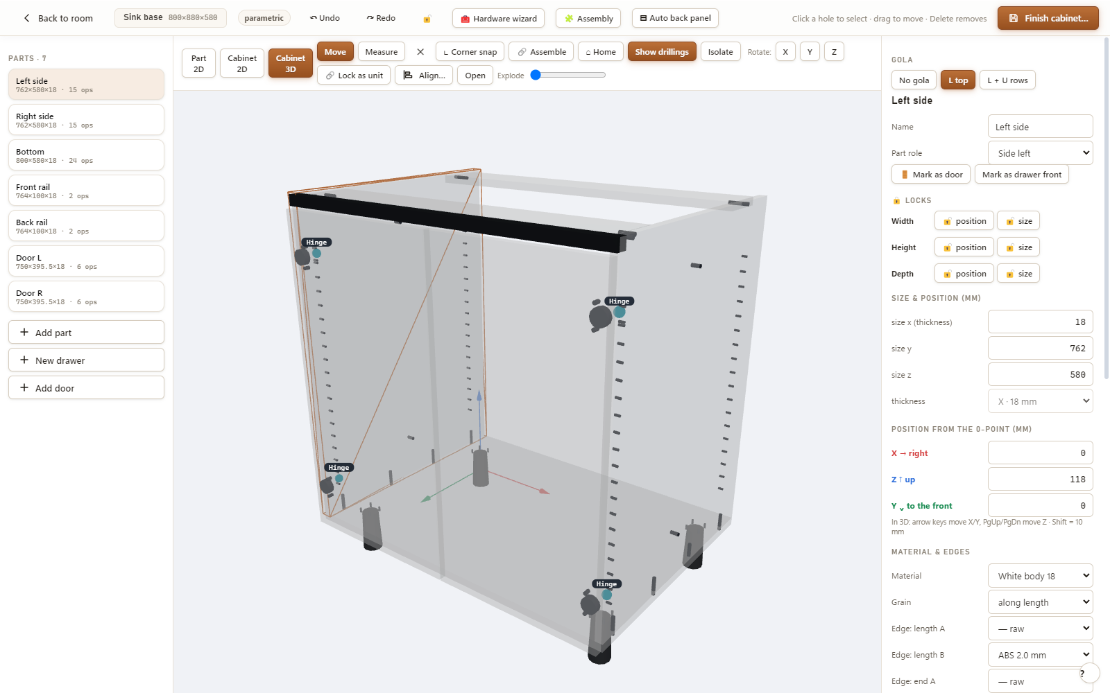 Spovex part editor — 2D part view with dimensions
